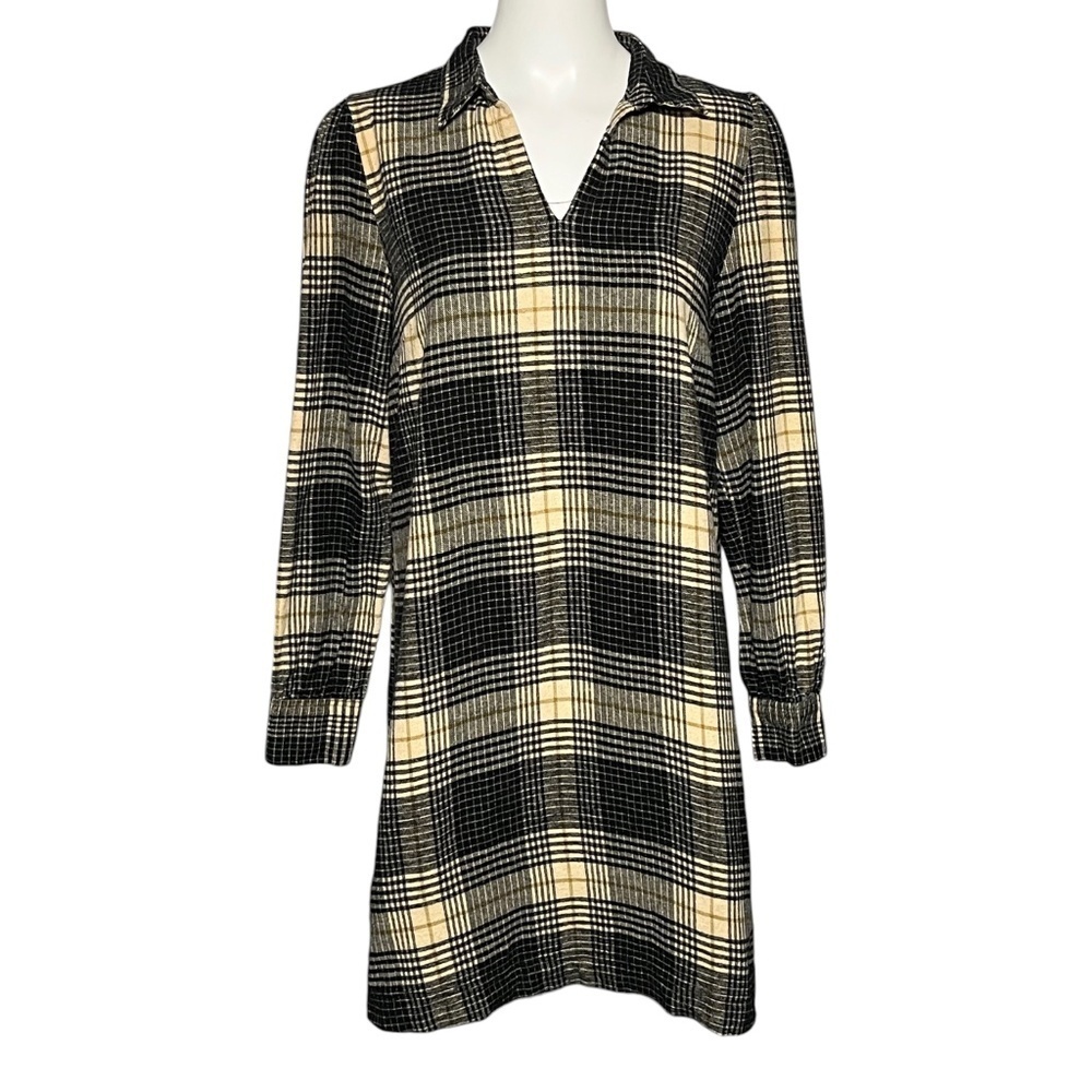 ICHI Plaid Shirt Dress 38 US M Black Cream 100% Cotton Long Sleeve Tunic